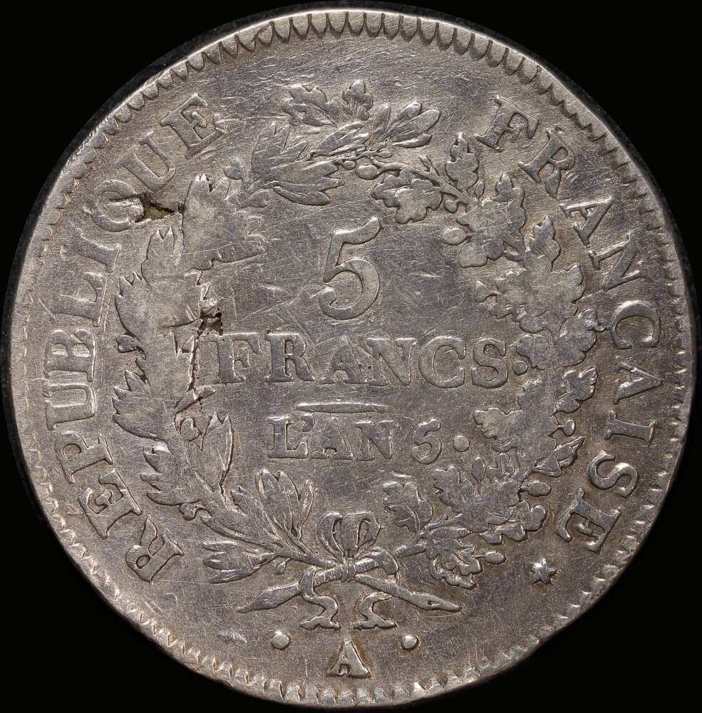 France L'an 5-A Silver 5 Francs KM# 639.1 AVF product image