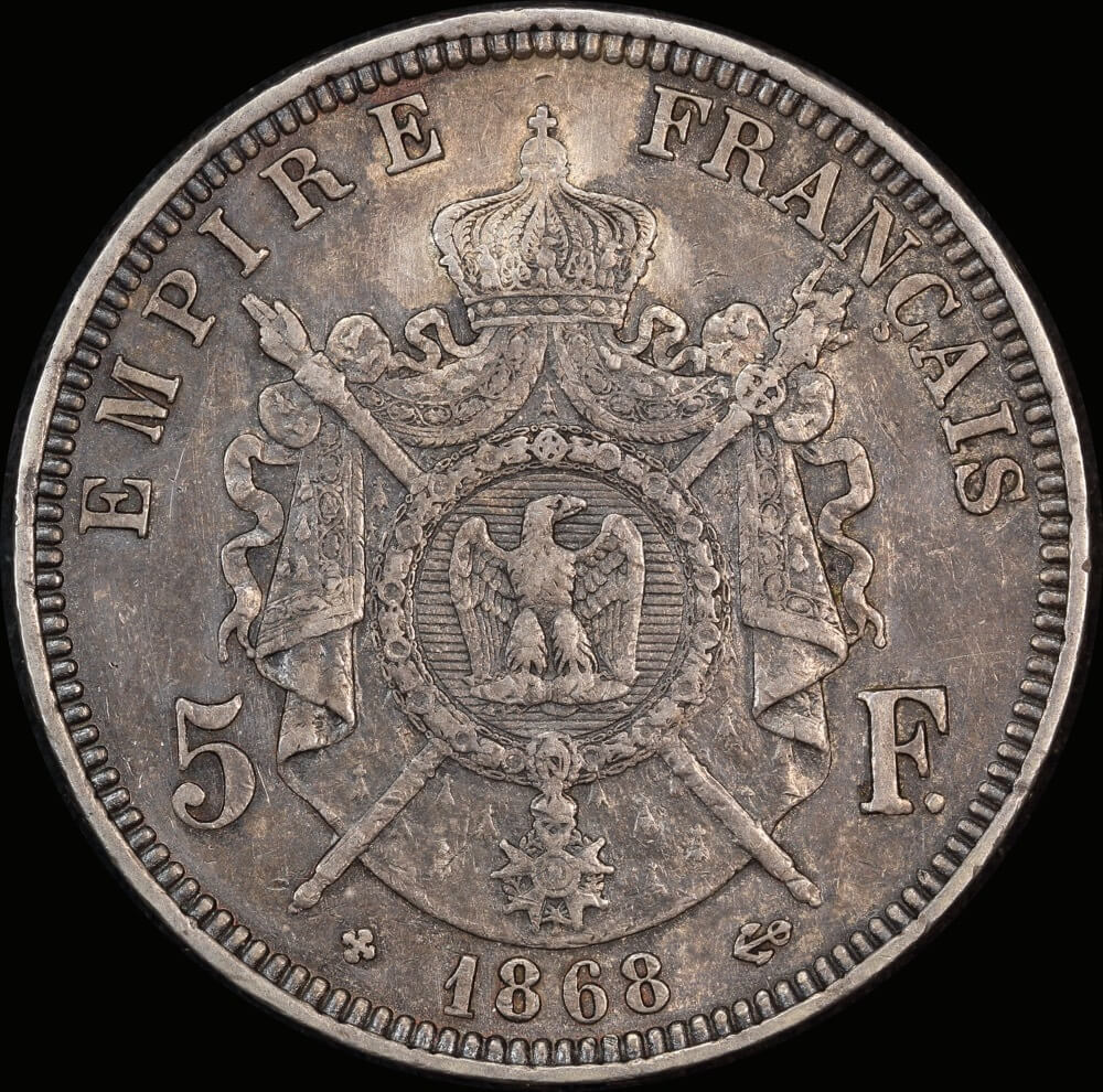 France 1868-BB Silver 5 Francs KM# 799.1 good VF product image