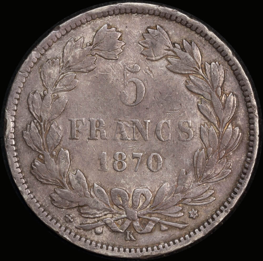 France 1870-K Silver 5 Francs KM# 818.2 Very Fine product image