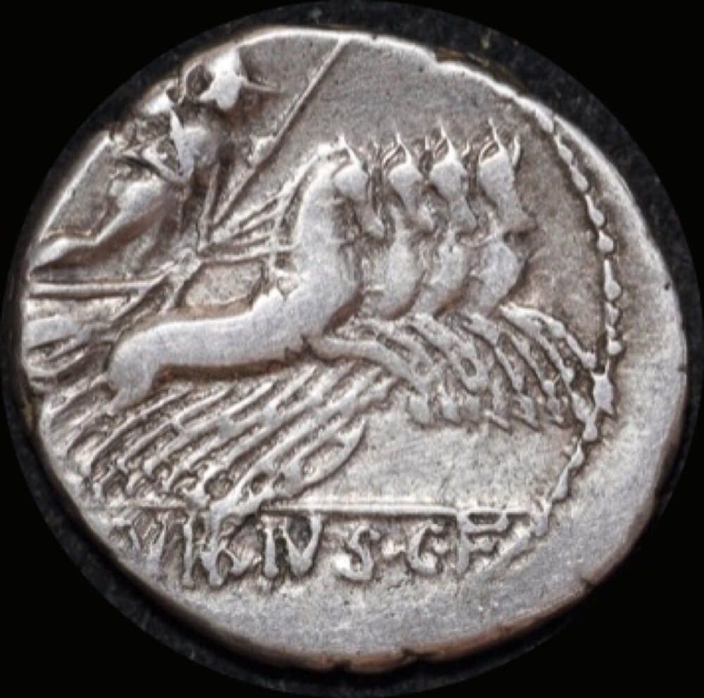 Ancient Rome (Republic)  90 B.C. C. Vibius Pansa Silver Denarius Minerva in quadriga  RRC 342/5a Very Fine