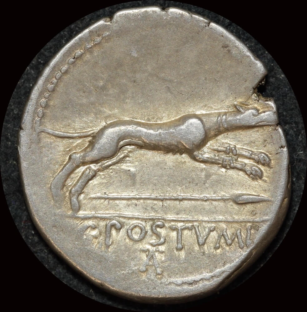 Ancient Rome (Republican) 74 BC C. Postumius Silver Denarius Hound RRC 394/1b good VF