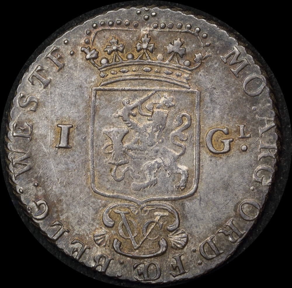 Netherlands East Indies (West Freisland) VOC 1790 Silver Guilder 1787 Overdate NITIMUT Legend error KM# 139 good EF product image
