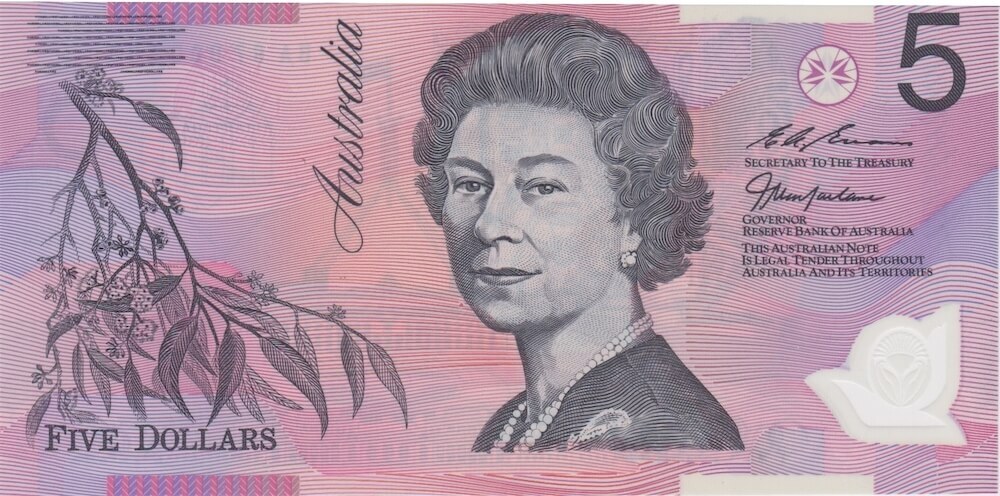 1997 $5 Note MacFarlane/Evans BA97 First Prefix R218bF Uncirculated