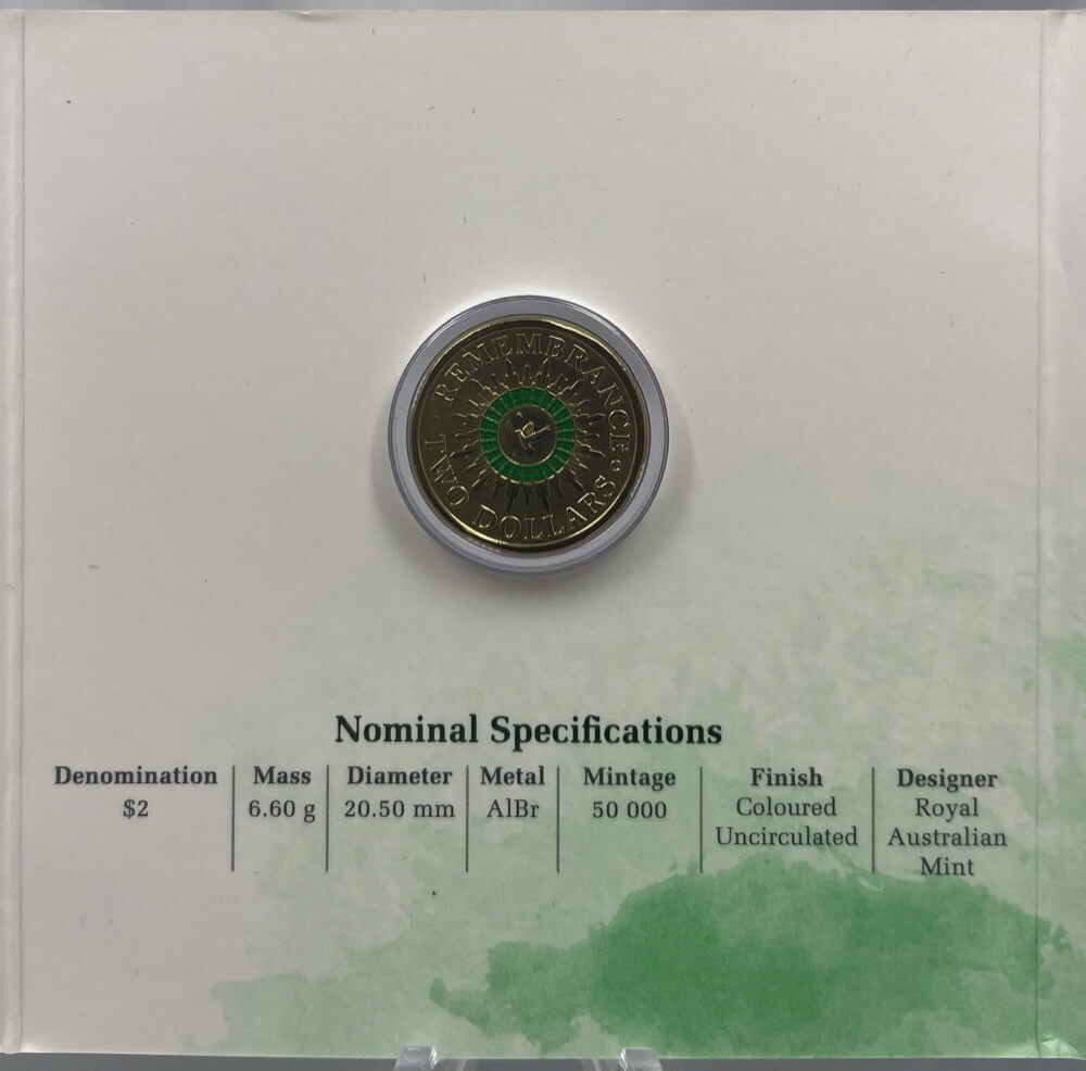 2014 2 Dollar Remembrance Day Mintmark in Folder Green Dove 