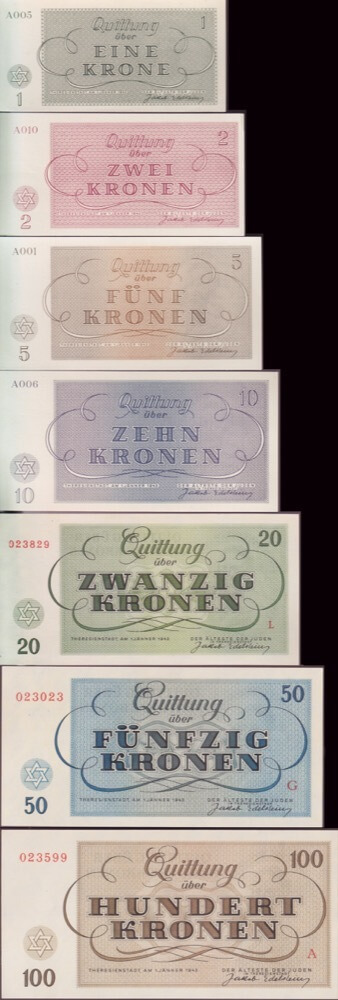 Czechoslovakia - Theresienstadt Ghetto / Concentration Camp 1943 Set of 7 Notes (1 Kroner ~ 100 Kroner) P# Uncirculated product image