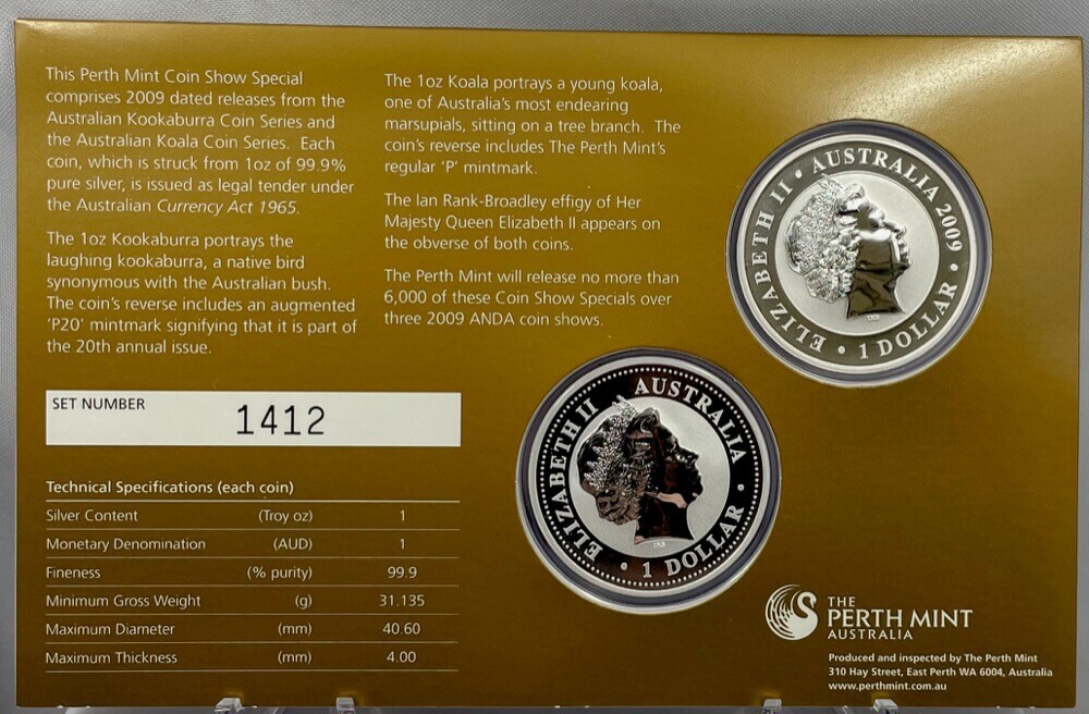 2009 Silver 2 x 1 Oz Uncirculated Koala and Kookaburra ANDA Coin Show Special product image