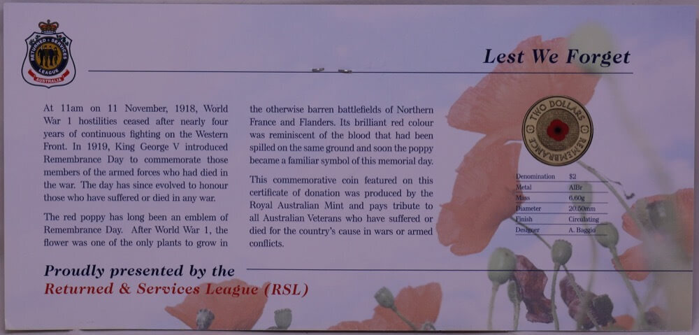 2012 Coloured 2 Dollar Coin Remembrance Day - Red Poppy on RSL Card Uncirculated