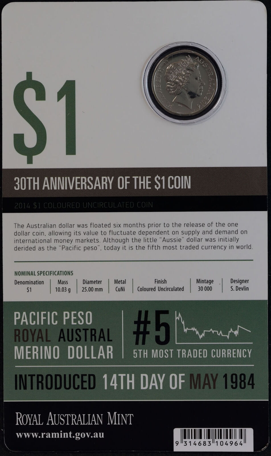 2014 1 Dollar Coloured Copper Nickel Uncirculated Coin 30th Anniversary product image