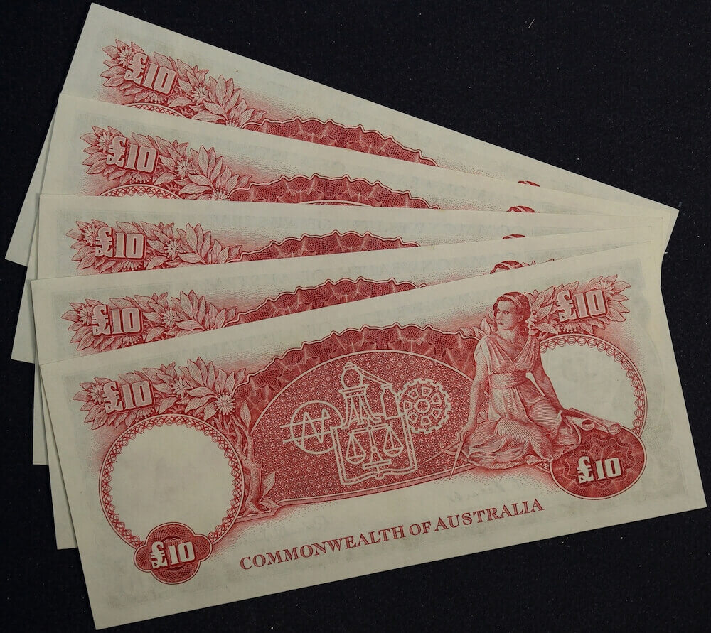 1954 Ten Pound Consecutive Run of 5 Notes Coombs/Wilson R62 about Unc
