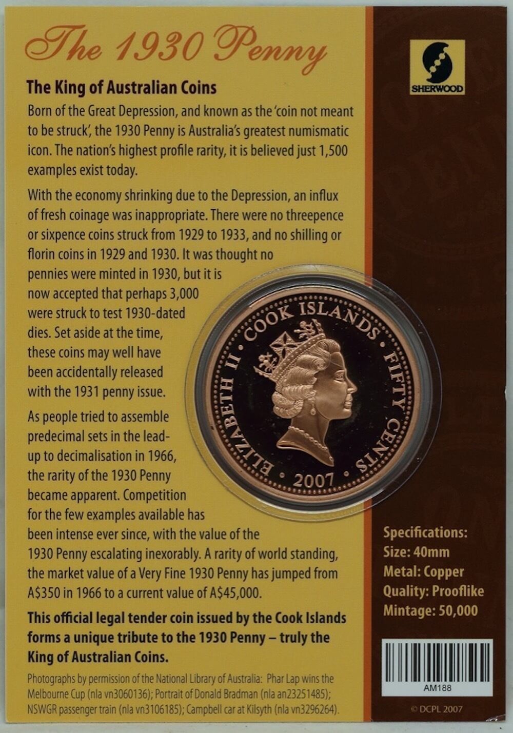 Cook Islands 2007 Prooflike 50 Cent Coin Australian 1930 Penny