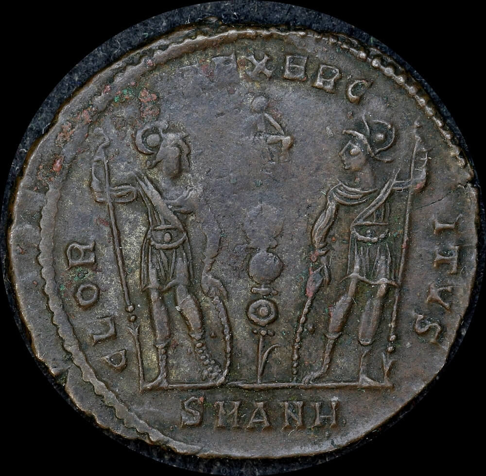 Ancient Rome (Imperial) 335 AD Constans AE Follis Soldiers with standard RIC VII A89 good VF product image
