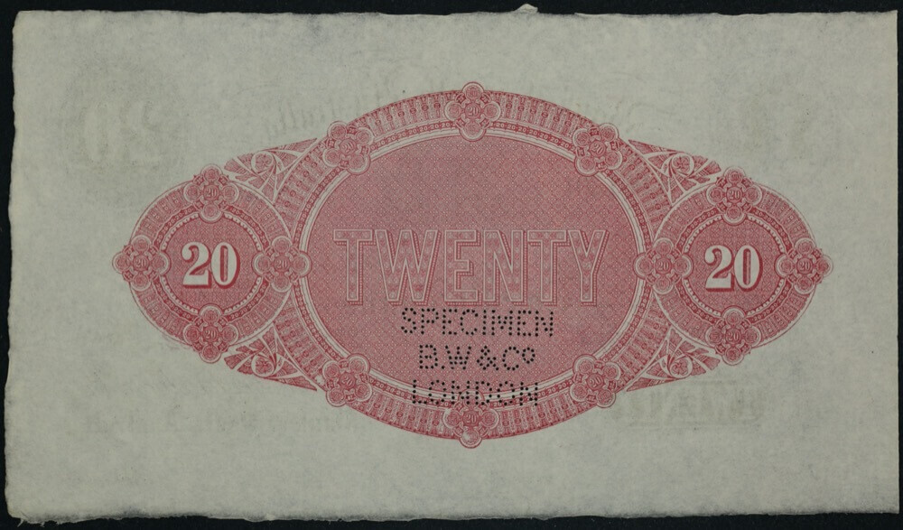 Bank of South Australia (Adelaide) 1882 20 Pounds Unissued Specimen Note MVR# 3a Uncirculated