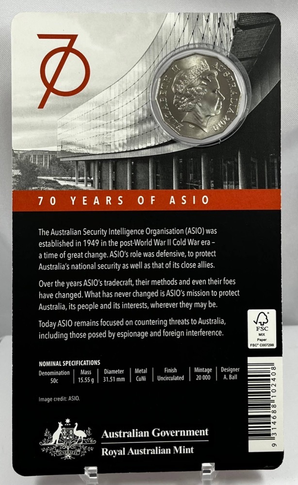 2019 50 Cent Uncirculated Coin ASIO Australian Spies & Spooks product image