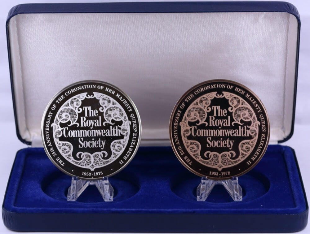 Great Britain 1978 2 Medal Set Silver and Bronze QEII Coronation 25th Anniversary