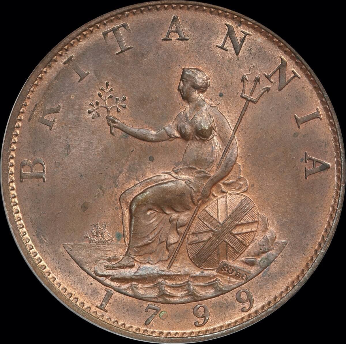 1799 Copper Halfpenny George III S# 3778 PCGS MS64RB product image