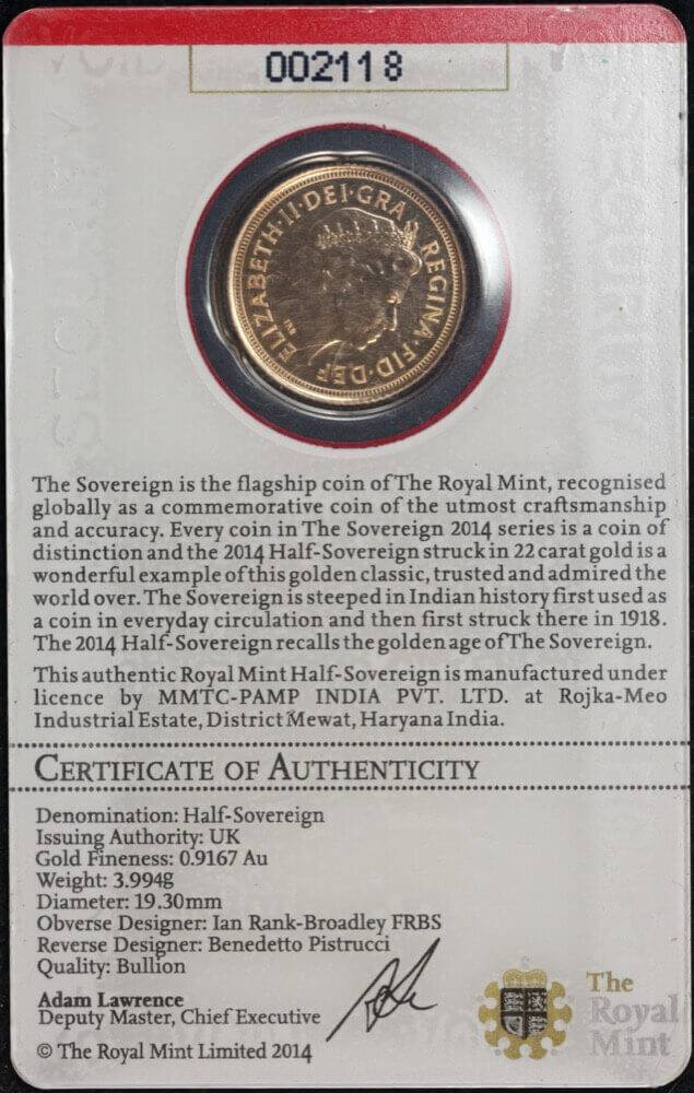 India 2014 Gold Half Sovereign KM# 303 Choice Uncirculated