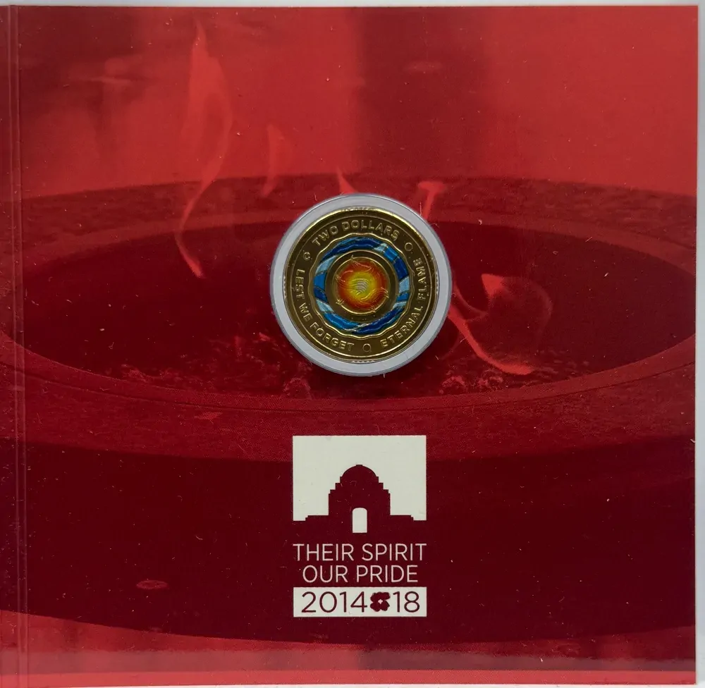 2018 2 Dollar Coin C Mintmark in Folder Lest We Forget Eternal Flame 