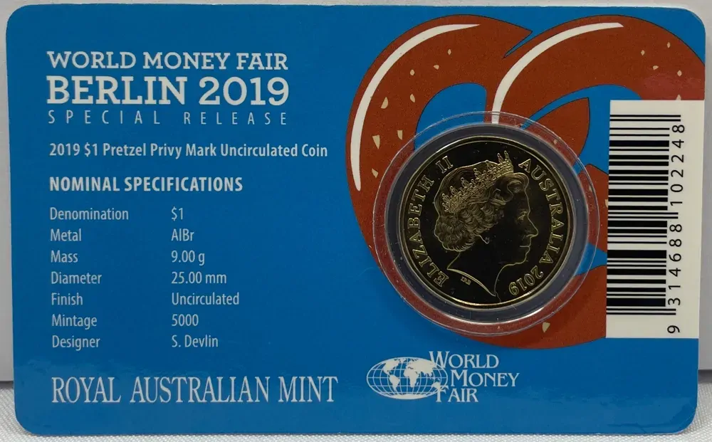2019 $1 Uncirculated Coin Berlin World Money Fair - Pretzel Privy Mark