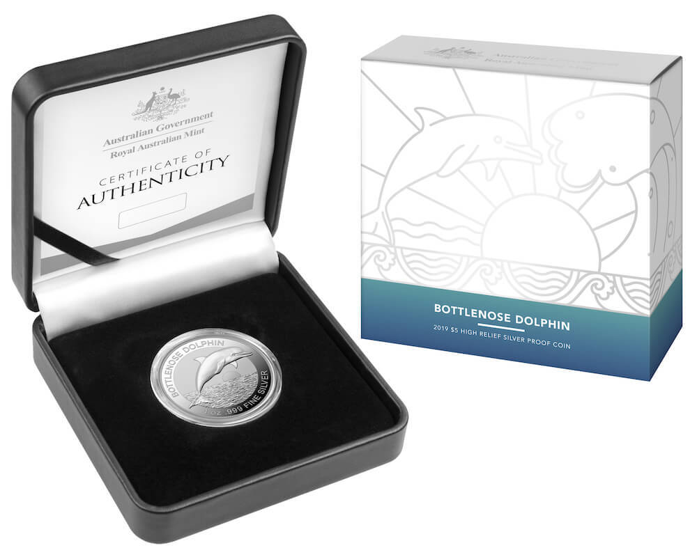 2019 Silver 5 Dollar High Relief Proof Coin Bottlenose Dolphin product image