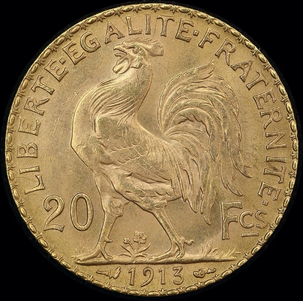 France 1913 Gold 20 Francs Rooster KM#857 Uncirculated product image