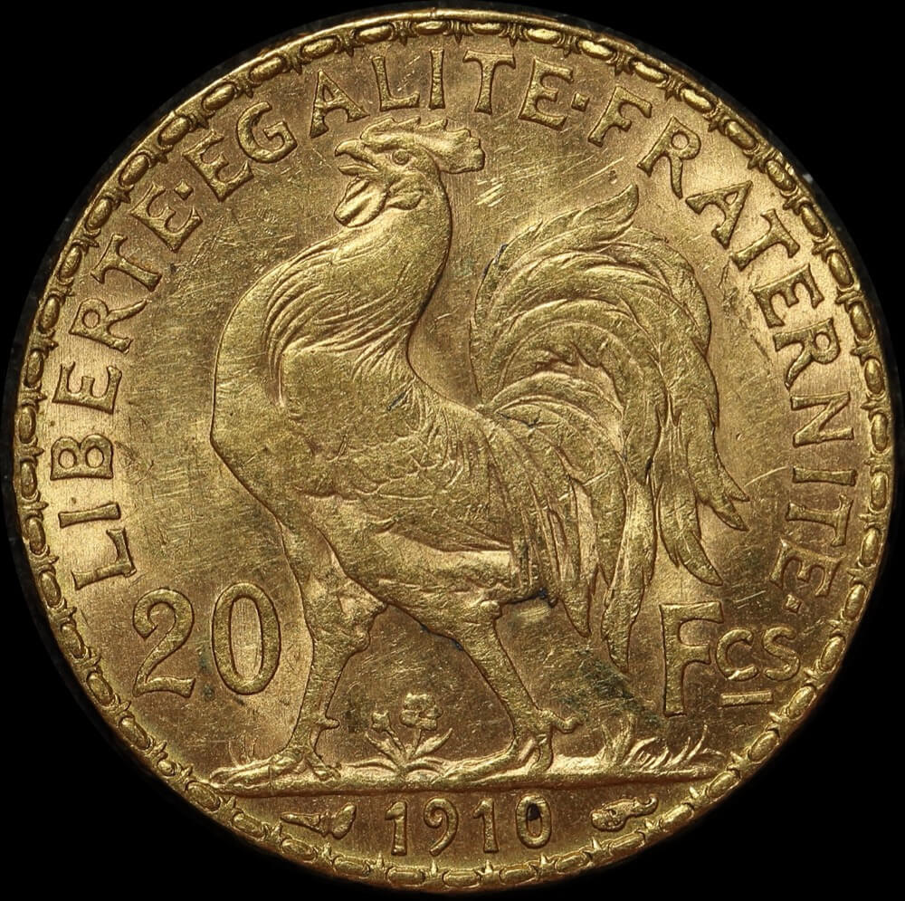 France 1910 Gold 20 Francs Rooster KM#857 Uncirculated product image