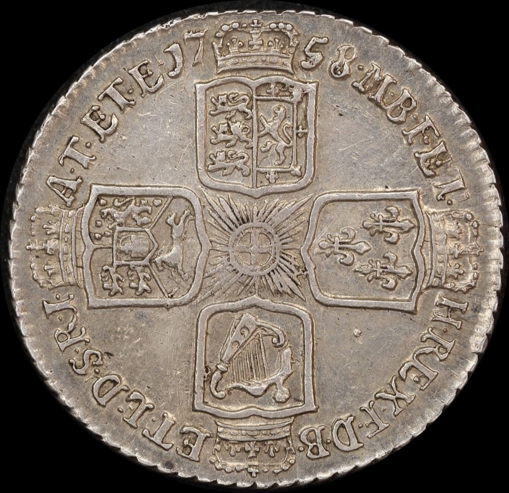 1758 Silver Shilling George II S#3704 good EF product image