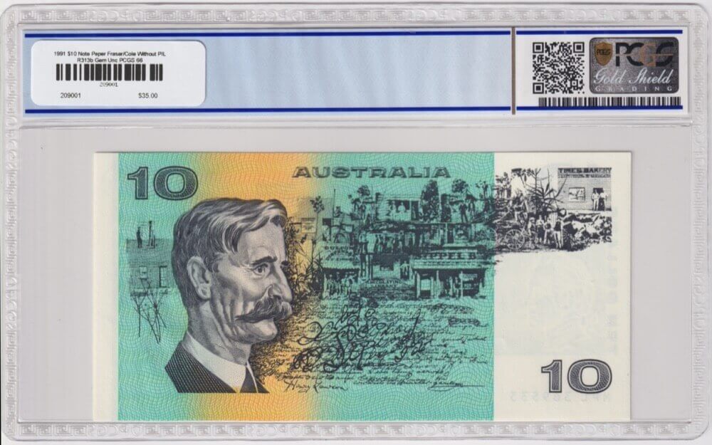 1991 $10 Note Paper Fraser/Cole Without PIL R313b Gem Unc PCGS 66