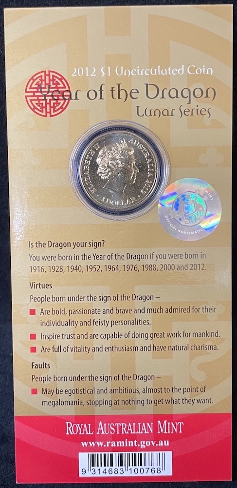 2012 1 Dollar Uncirculated Coin Lunar Year of the Dragon