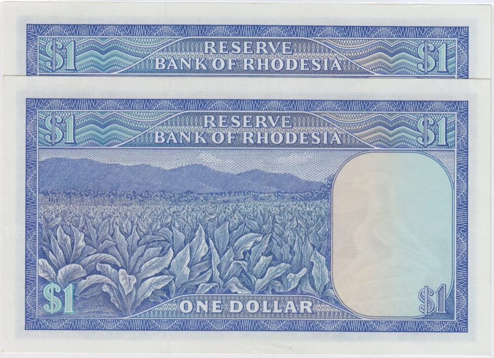 Rhodesia 2.8.1979 1 Dollar Consecutive Pair Bird Watermark Pick#30o Uncirculated product image
