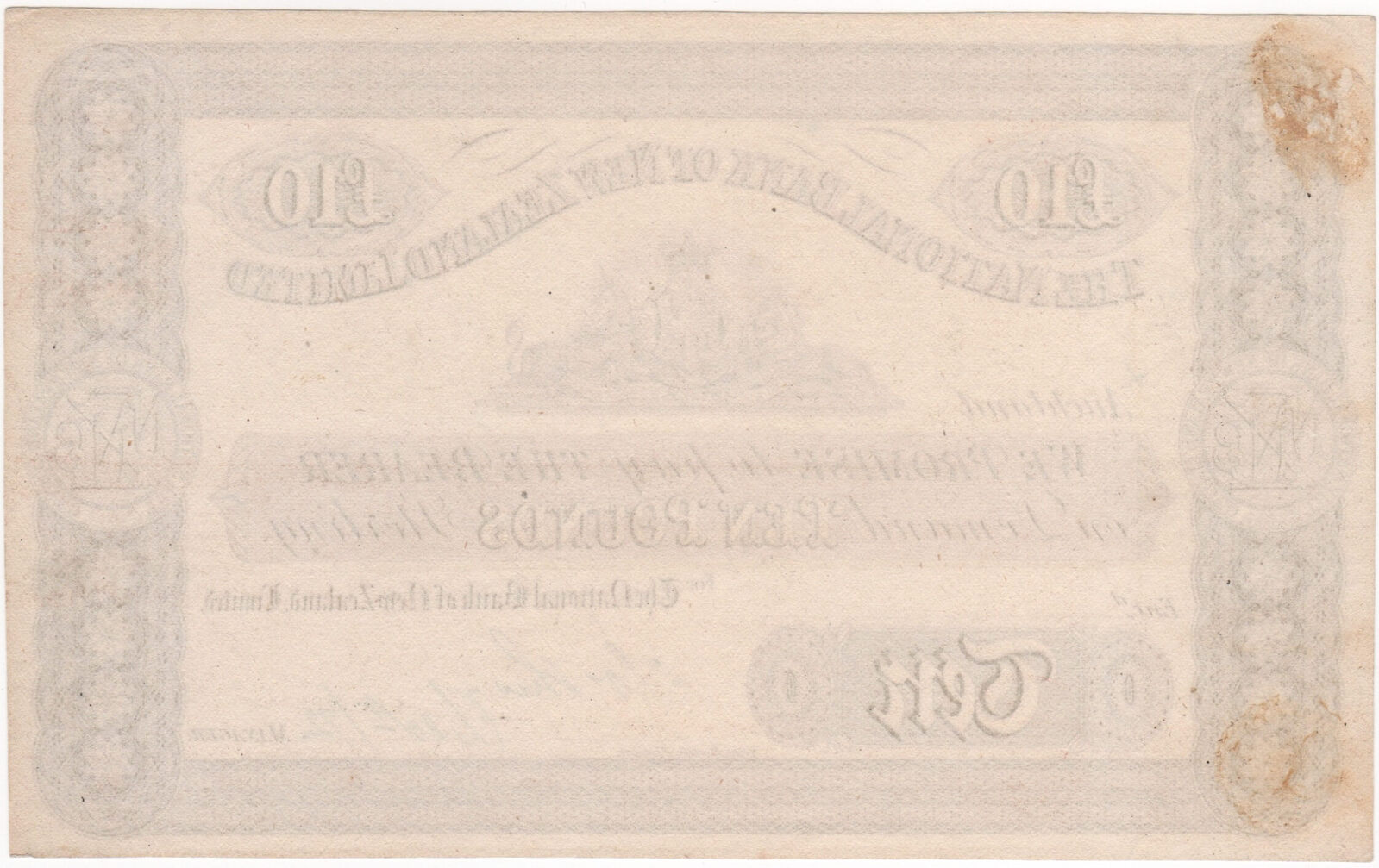 New Zealand (Nat Bank of NZ) 1872 10 Pound Unissued Printer's Proof Note Pick# PS293 about Unc product image