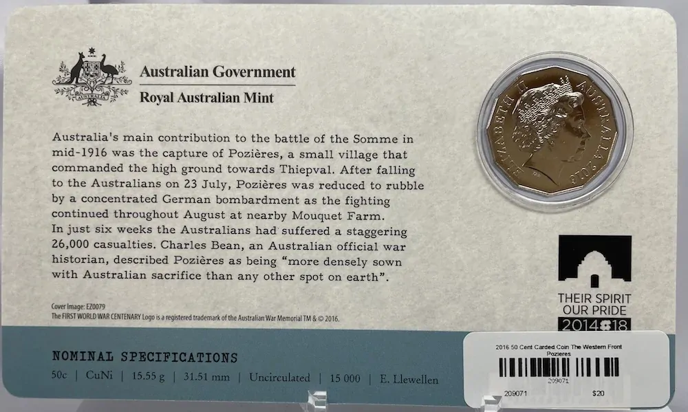 2016 50 Cent Uncirculated Coin The Western Front Pozieres