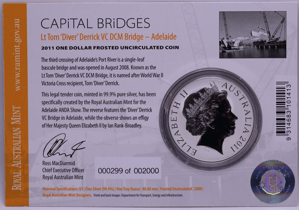2011 Silver One Dollar Frosted Unc Coin Capital Bridges - Adelaide Derrick