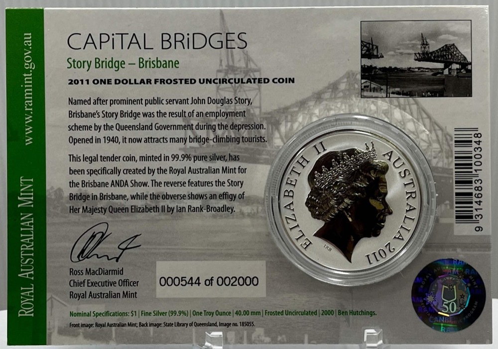 2011 Silver One Dollar Frosted Unc Coin Capital Bridges - Brisbane Story
