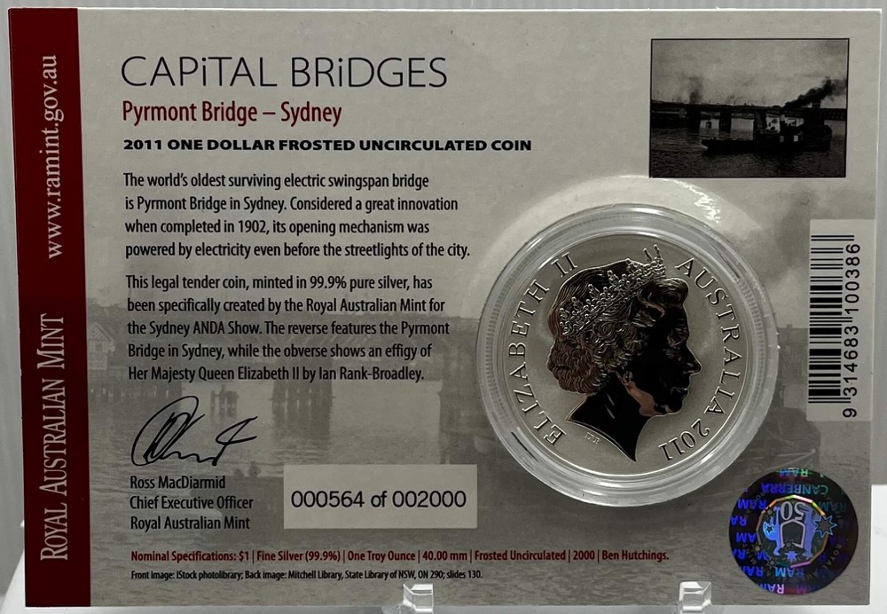 2011 Silver One Dollar Frosted Unc Coin Capital Bridges - Sydney Pyrmont product image