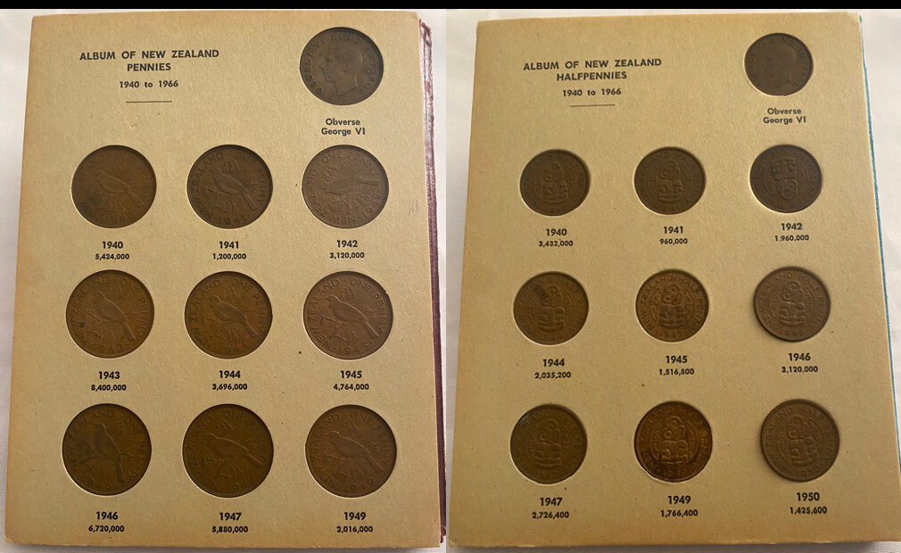 New Zealand 1933 - 1967 Complete Date Set of Pre-Decimal Coins (1/2d to 5/-) ex Waitangi Crown in Press-In Albums product image