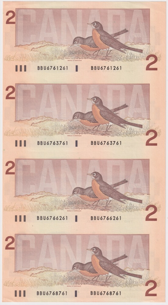 Canada 1986 Uncut Vertical Block of 4 $2 Notes Thiessen Crowe product image
