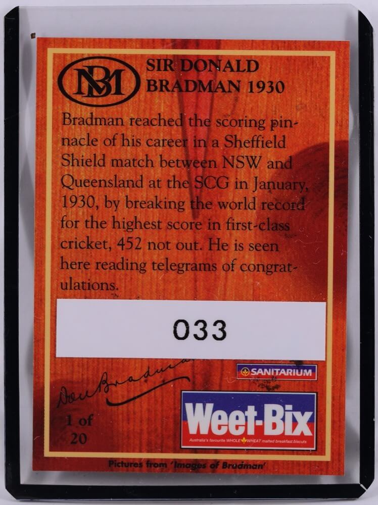 1996 Don Bradman Signed Complete Set of 20 Weetbix Cards With Certificate