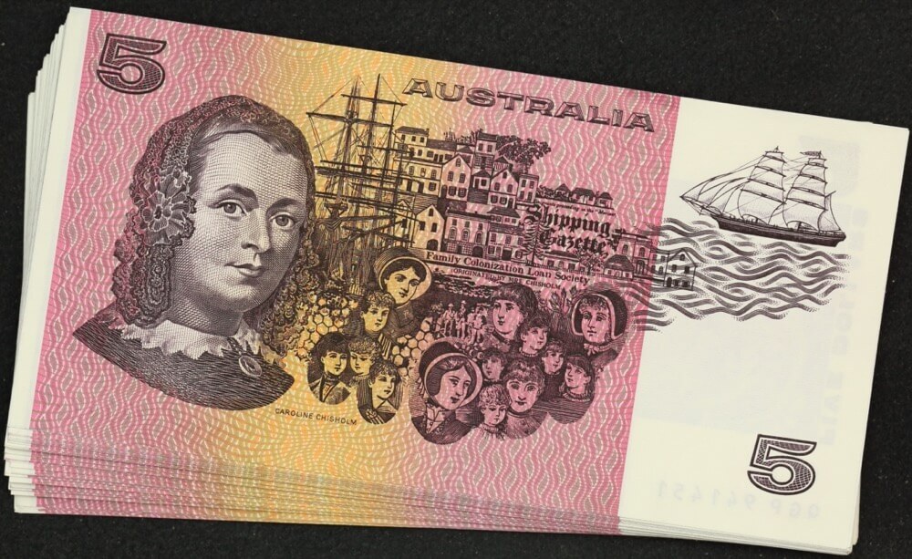 1990 $5 Note Fraser/Higgins R212 about Uncirculated Consecutive Run of 62