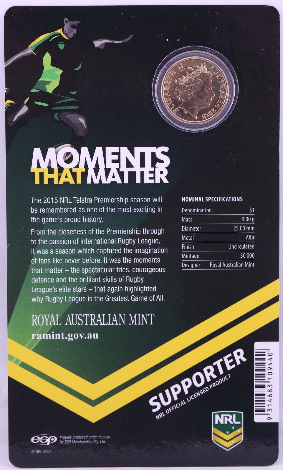 2015 1 Dollar Uncirculated Coin NRL Moments that Matter