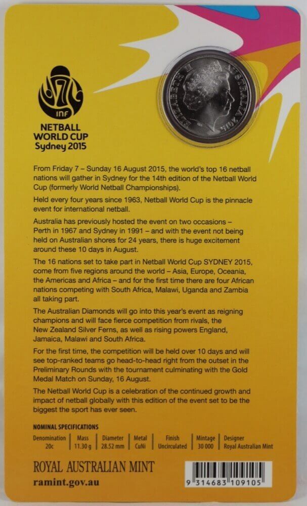 2015 20 Cent Uncirculated Coin Netball World Cup Sydney