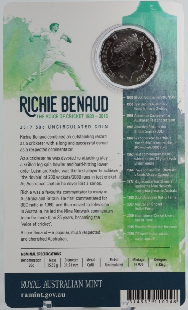 2017 50 Cent Uncirculated Coin Richie Benaud