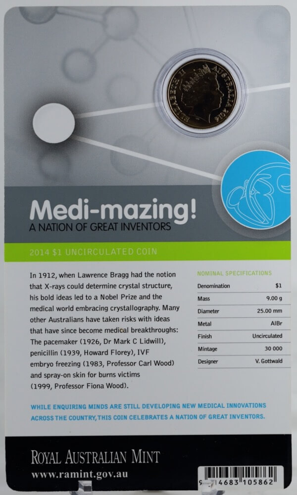 2014 1 Dollar Uncirculated Coin Medi-Mazing Clever Australia