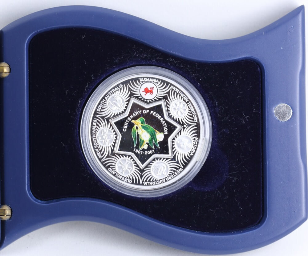 2001 Silver One Ounce Proof Coin Holey Dollar Federation Flowers - Tasmanian Blue Gum product image