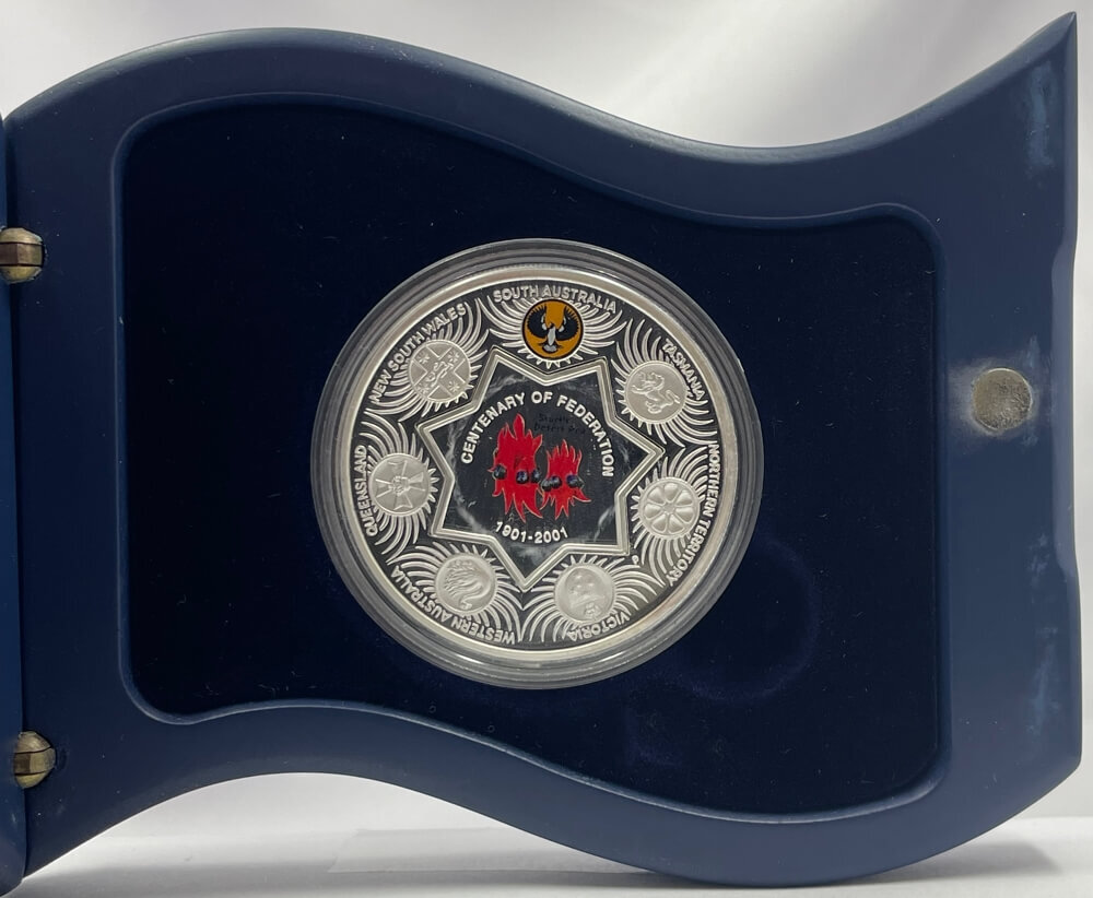 2001 Silver One Ounce Proof Coin Holey Dollar Federation Flowers - Sturts Desert Pea product image