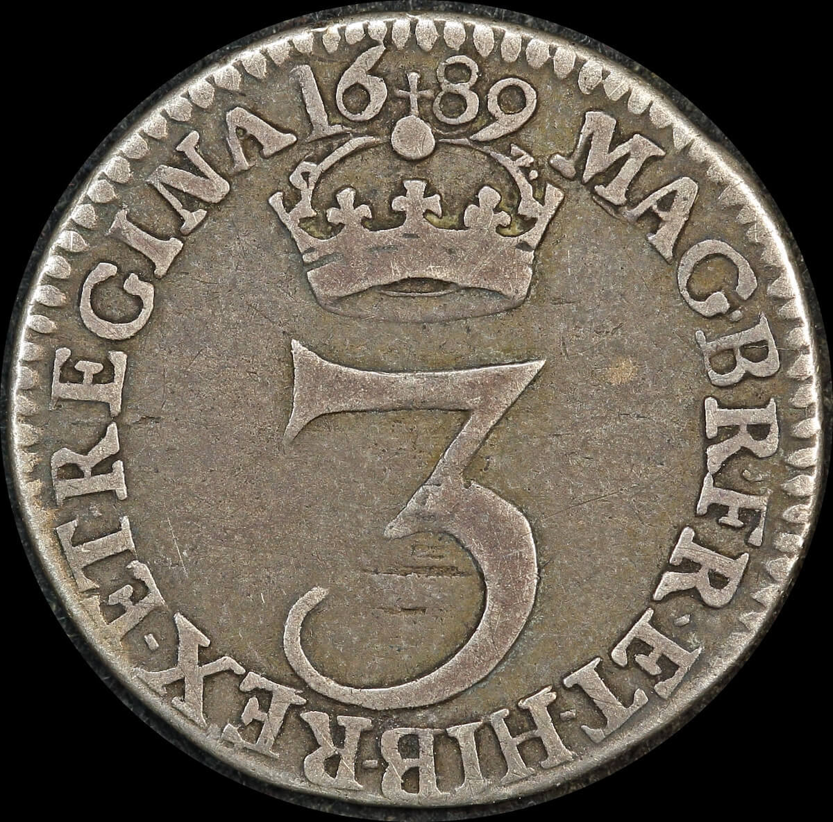 1689 Silver Threepence William and Mary S#3441 about VF