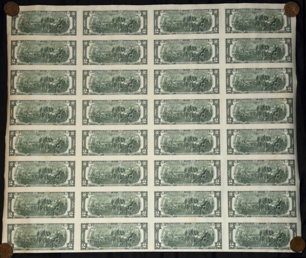 United States 1995 Uncut Sheet of 32 2 Dollar Notes Uncirculated product image