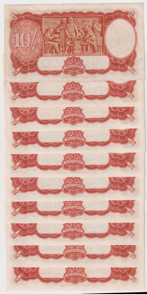 1942 Ten Shilling Consecutive Run of 10 Armitage/McFarlane R13 good EF