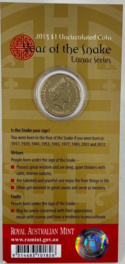 2013 1 Dollar Uncirculated Coin Lunar Year of the Snake product image
