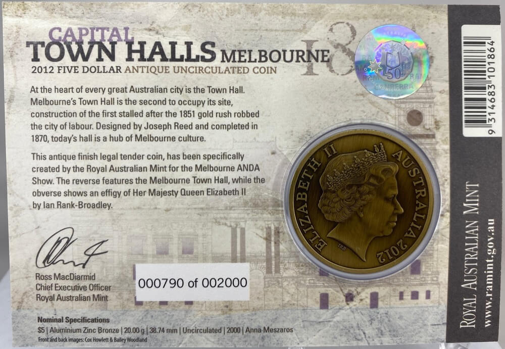 2012 5 Dollar Antique Uncirculated Capital Town Halls Coin - Melbourne product image