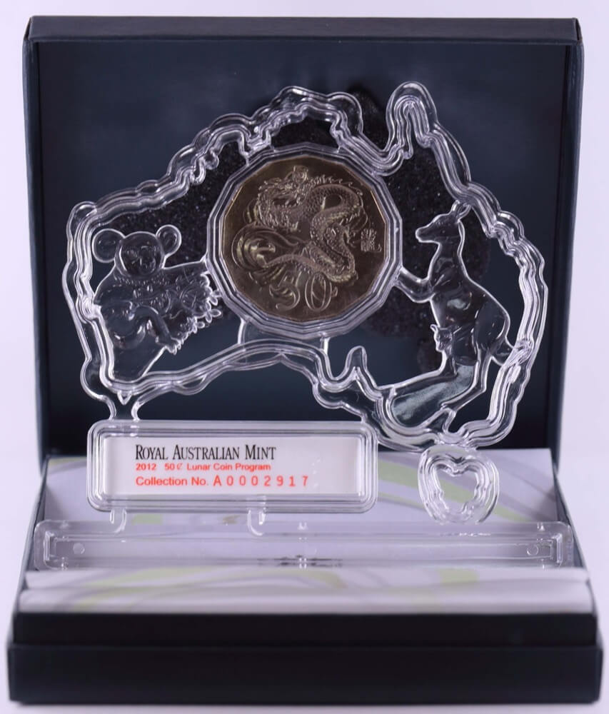 2012 Tetradecagon 50c Unc in Perspex Map Coin Lunar - Year of the Dragon product image